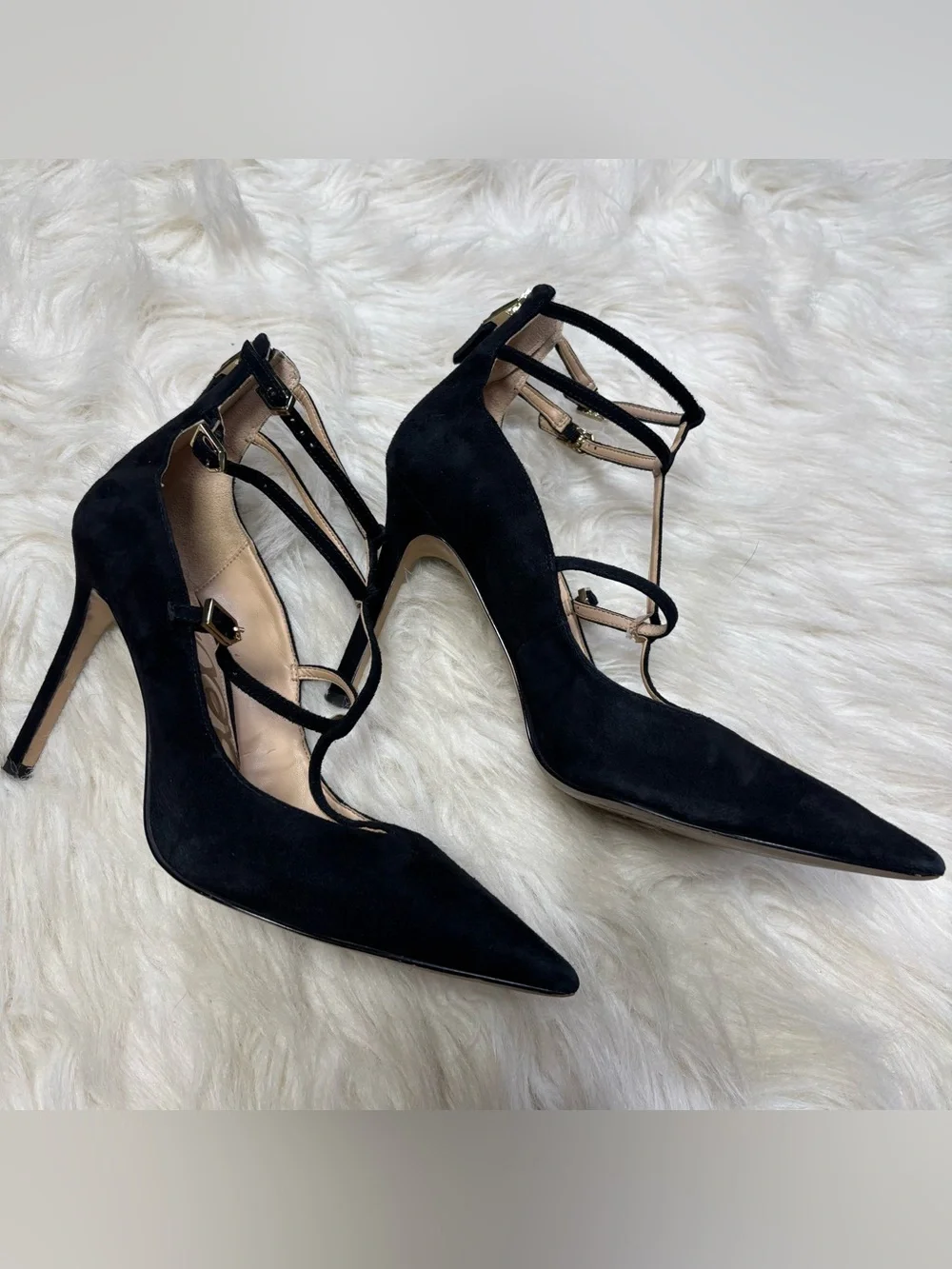 Sam Edelman Black Suede Pointed Tie Strappy Caged Stiletto Heels size 8.5